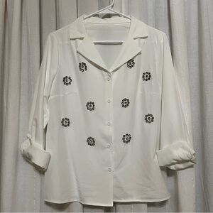 Embellished rhinestone white button down blouse size medium